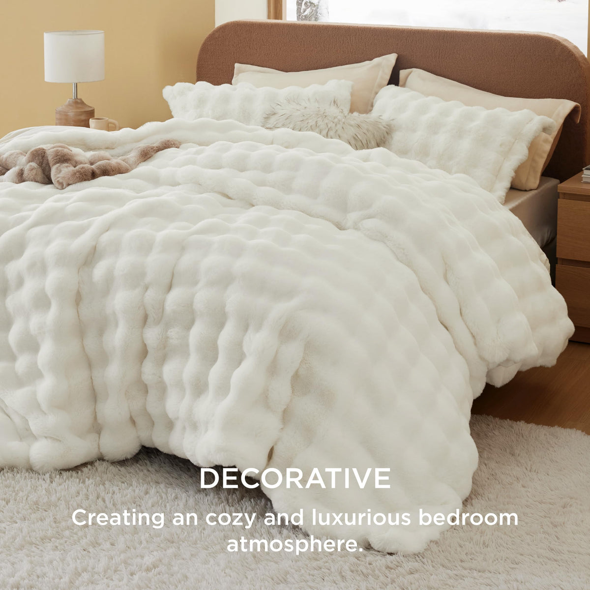 Faux Fur Duvet Cover Set, Plush Bubble Design, Coconut White