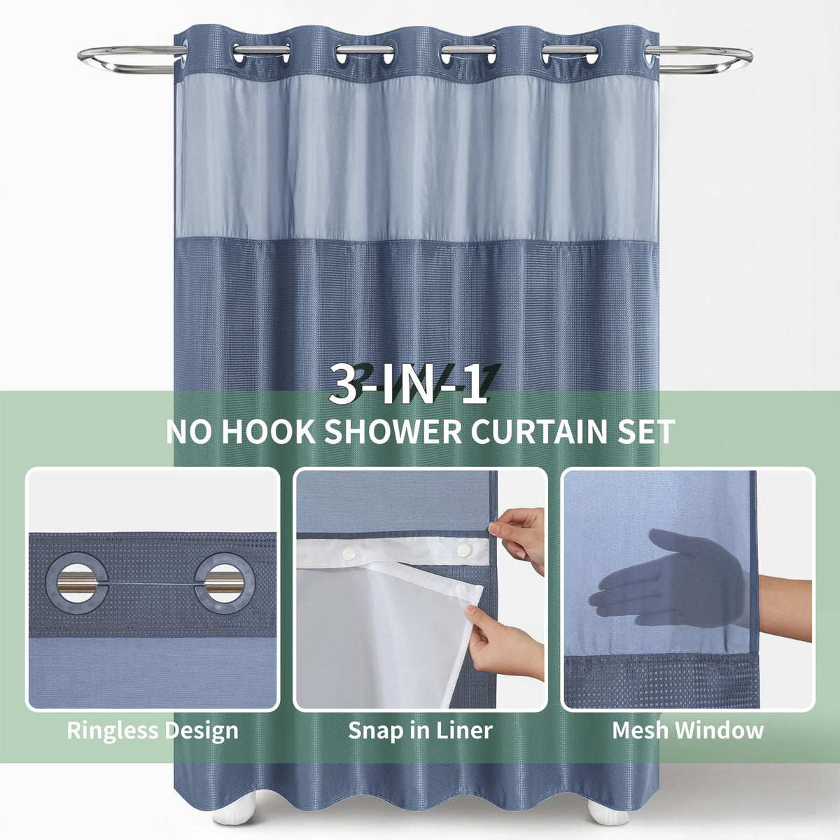 No Hook Check Waffle Extra Long Shower Curtain Set, 71 x 80 in
