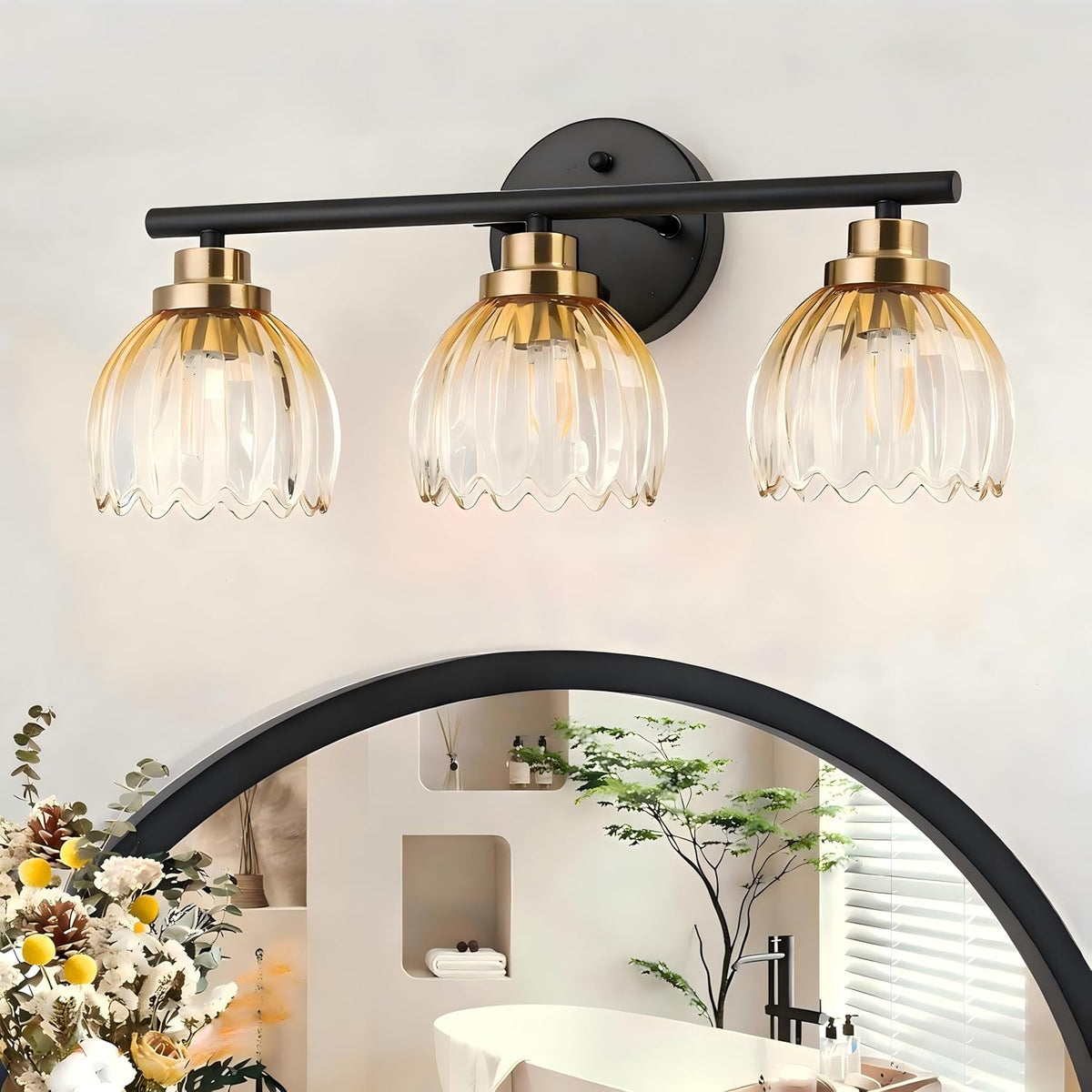 Black Gold 3-Light Bathroom Vanity Light with Amber Tulip GlassShade | Modern Vanity Lighting Fixtures, Bathroom