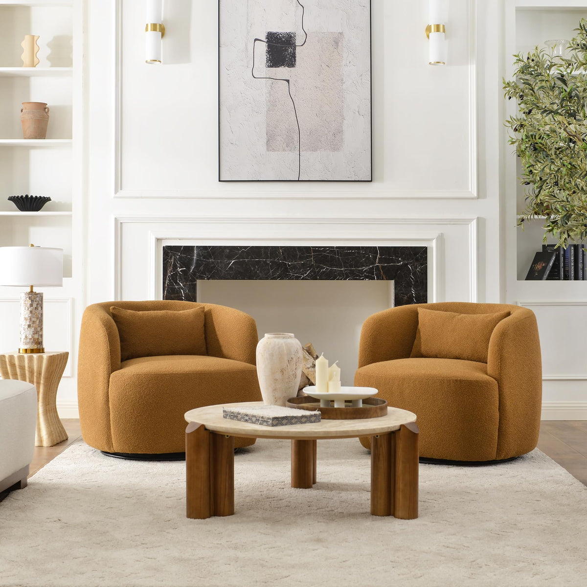 34" W Boucle Swivel Barrel Chairs with Pillow Set of 2, Brown