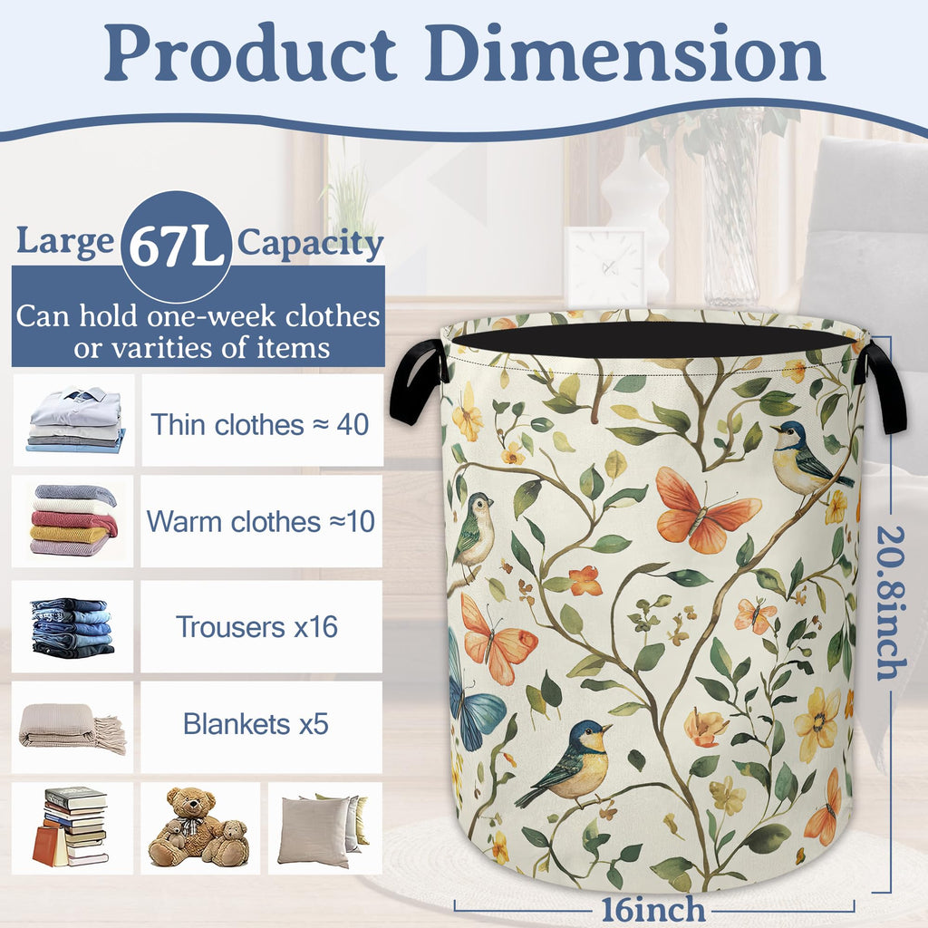 Bird Butterfly Laundry Basket,Oxford Cloth Vintage Nature Laundry Hamper With Handle Foldable Portable Clothes