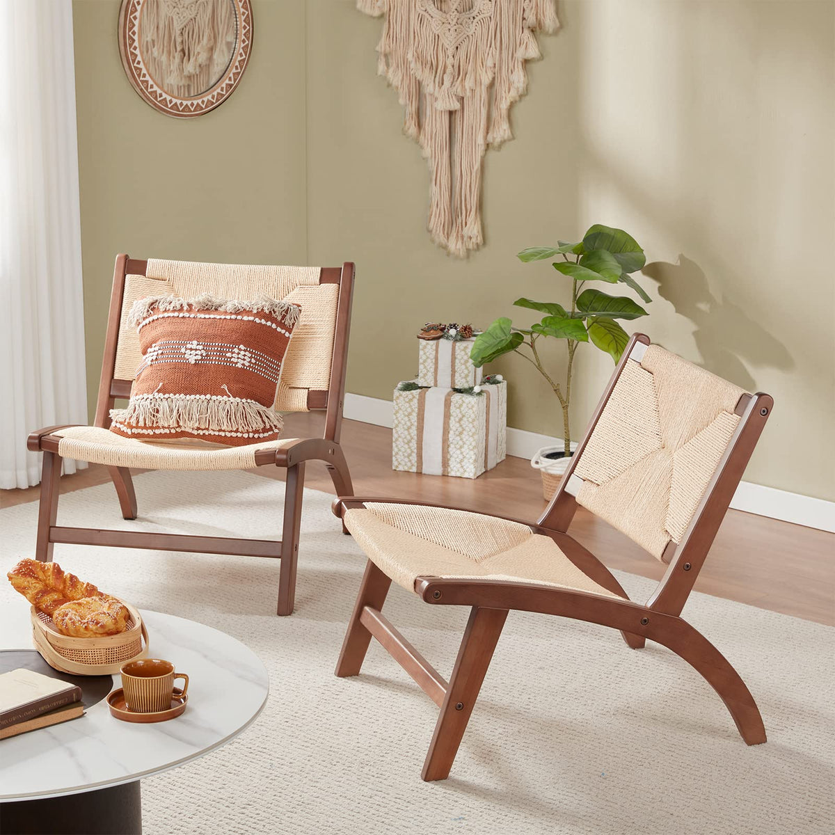 Modern Boho Accent Chairs, Mid Century Accent Chair, Side Chair Indoor Scandinavian Cognac Natural Wood Beech Braided