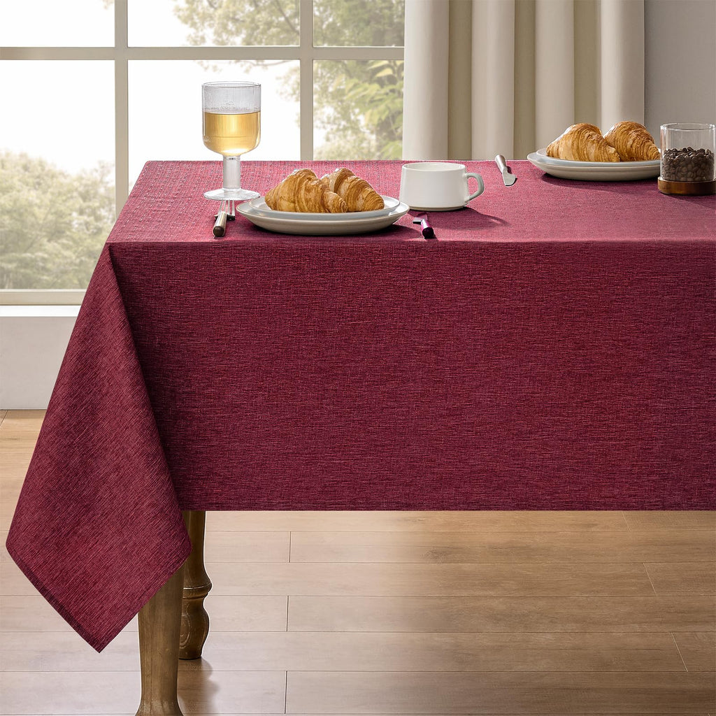 Faux Linen Farmhouse Table Cloth 60"x84" for 4-6 ft Rectangle Table, Burgundy Waterproof Outdoor Washable Cloth