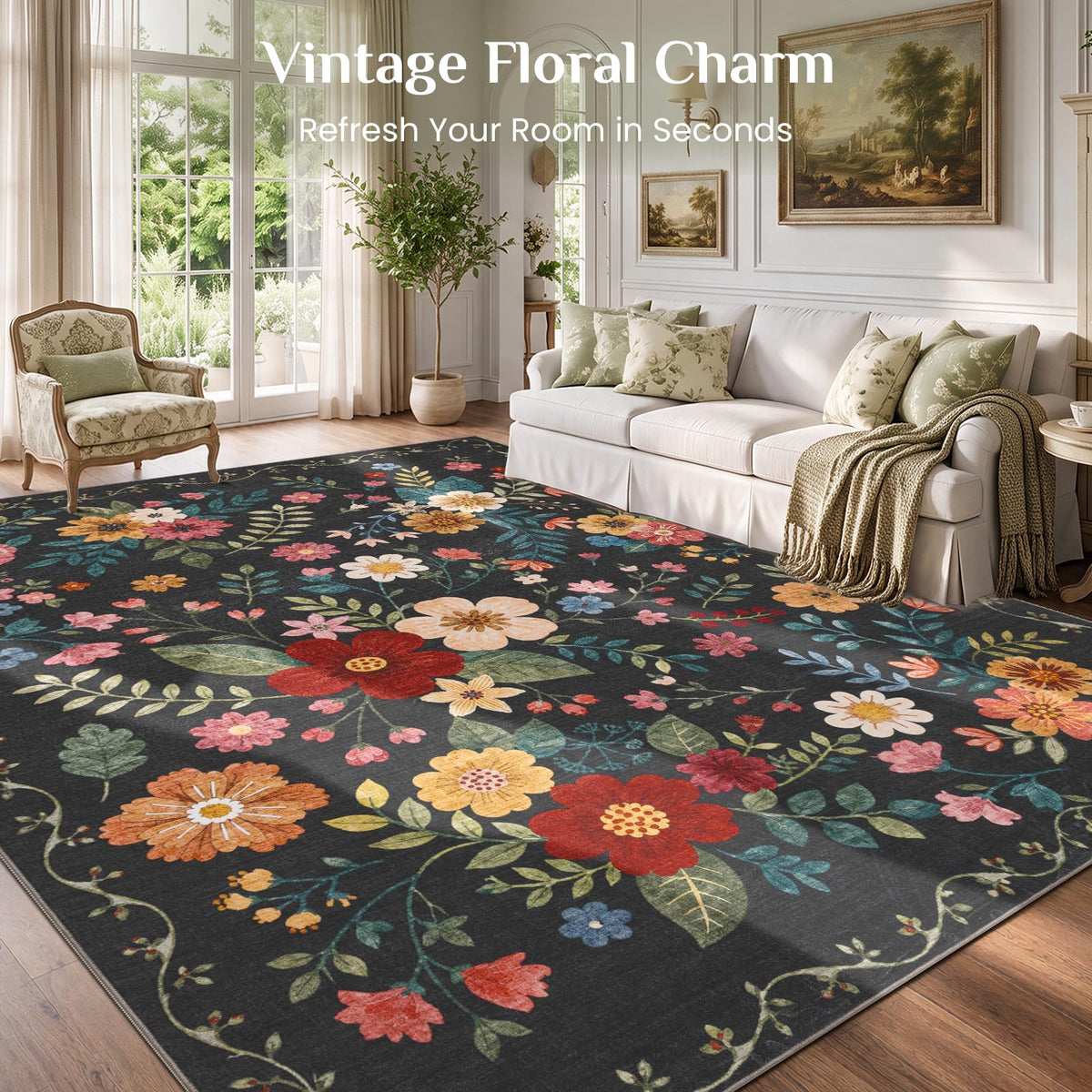 Floral Runner Rug, Washable Rug, Black