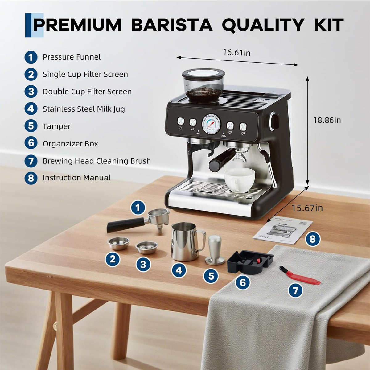 20 Bar Espresso Machine with Grinder & Steam Wand, Stainless Coffee Maker