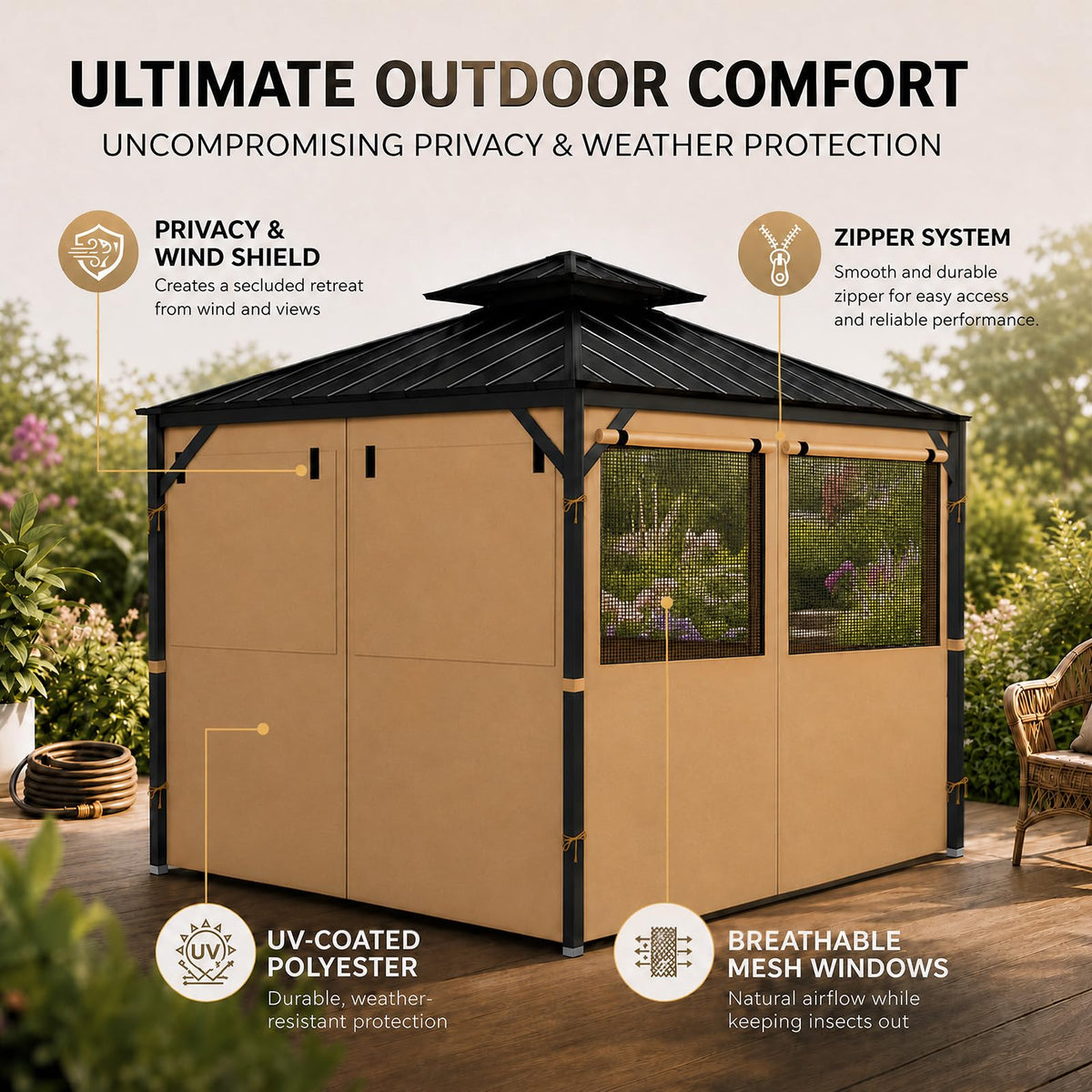 10 x 12 Ft Gazebo Privacy Curtains with Mesh Windows, 4 Panels, Khaki