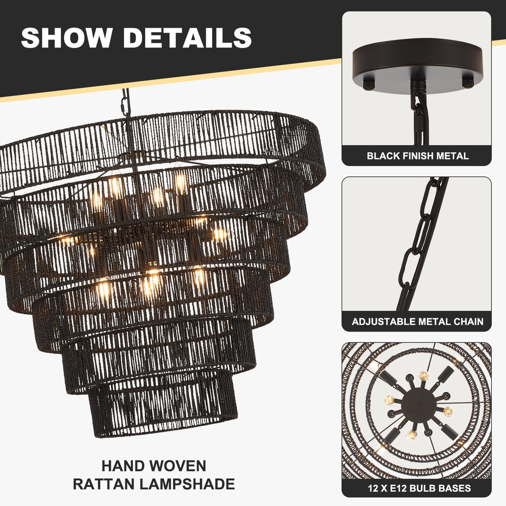 31.49" Large Black Rattan Chandelier, 12-Light Wicker Light Fixture