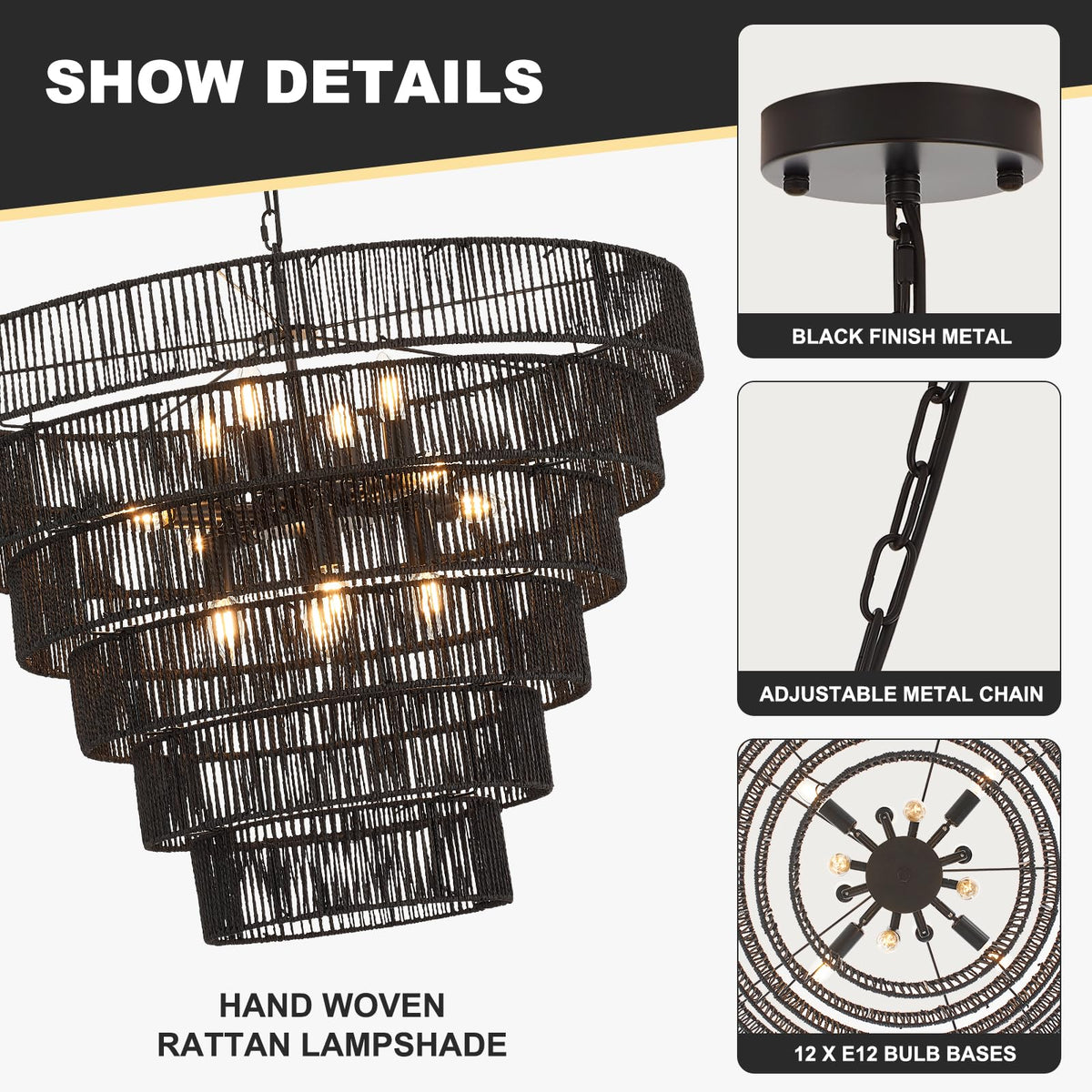 31.49" Large Black Rattan Chandelier, 12-Light Wicker Light Fixture