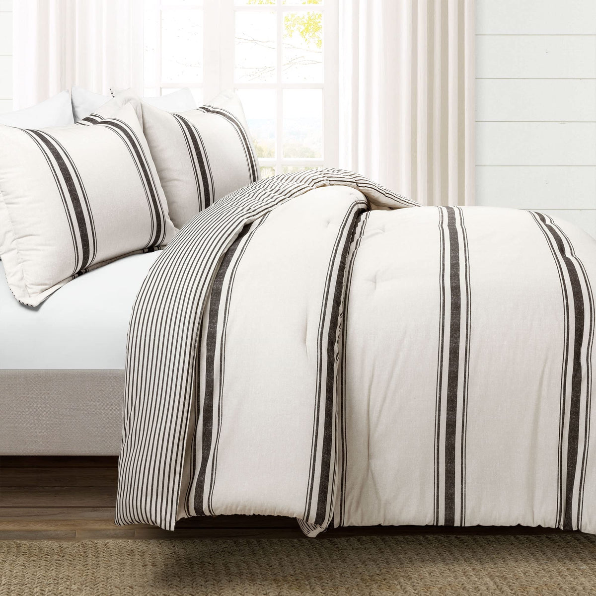 Farmhouse Stripe Reversible Cotton Comforter Set, 3 Piece Set, Black - Cozy Farmhouse Bedding Set - Rustic