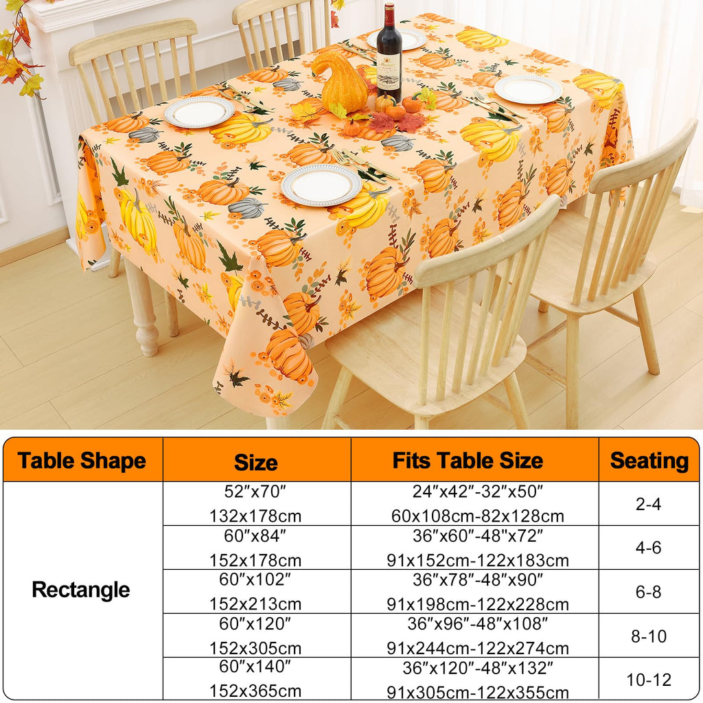 Fall Rectangle Table Cloth, Waterproof Vinyl Tablecloth with Flannel Backing, Wipeable Autumn Pumpkin Plastic Table