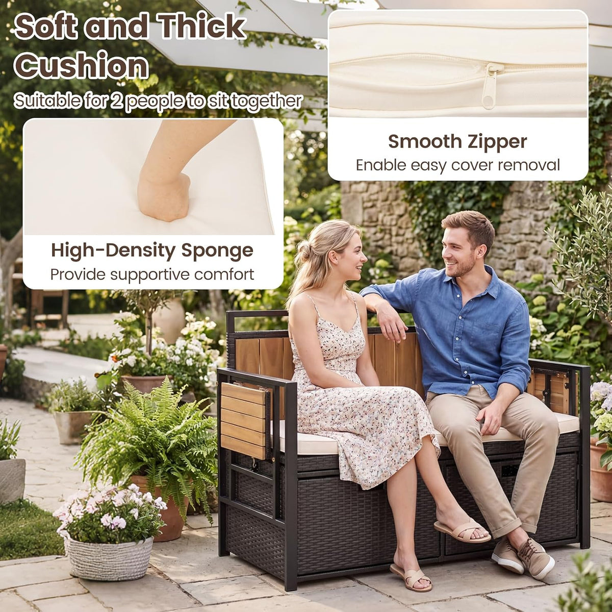 Outdoor Storage Bench, Outside Cushioned Loveseat Seating with Acacia Wood Backrest, 2 Folding Side Tables & 2 Doors
