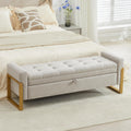 57" Storage Ottoman Bench, Upholstered End of Bed Bench, Beige | Metal Legs & Button-Tufted, Linen Ottoman with