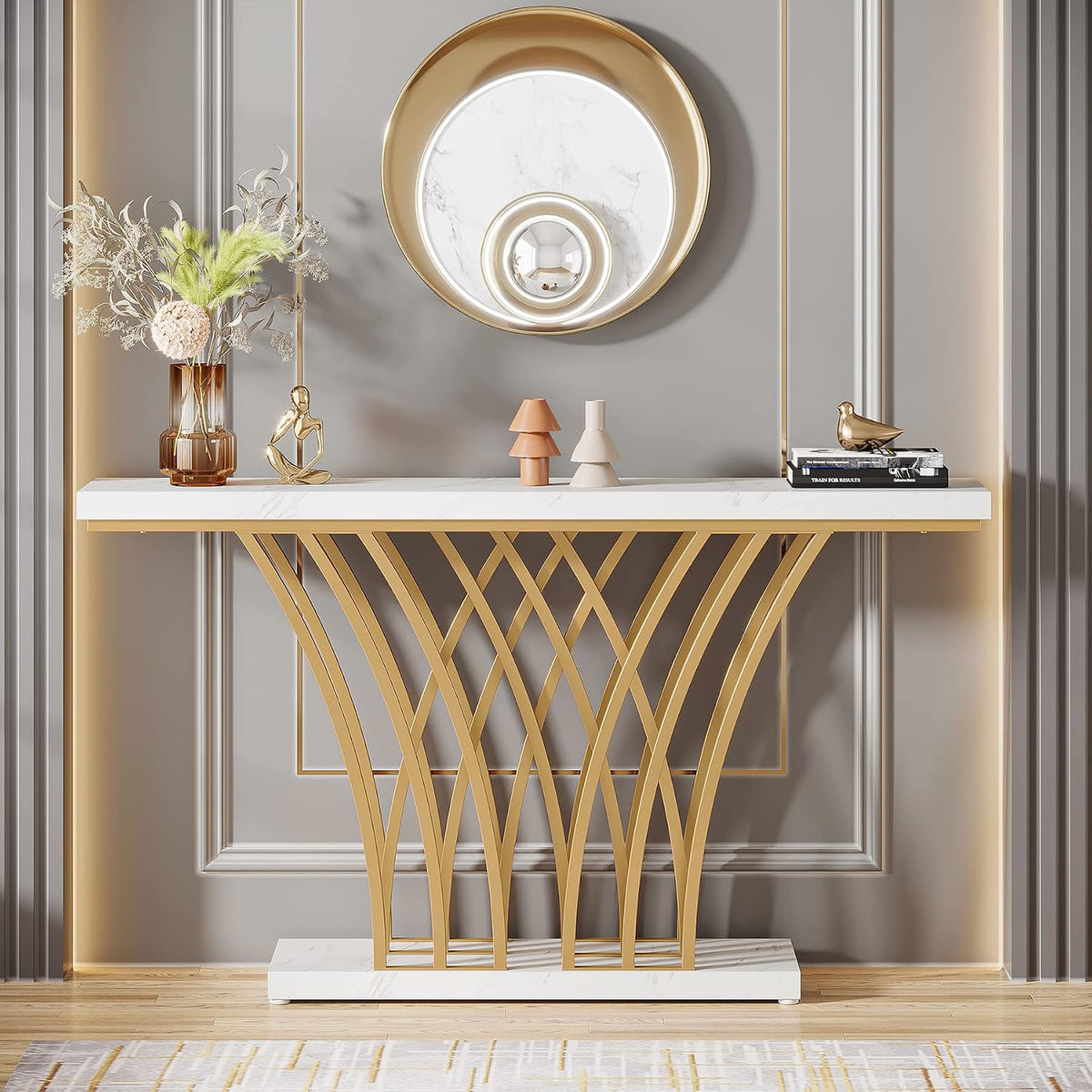 59 inch Gold Console Table, Modern Entryway Table with Grid-Shaped Metal Base for Entrance, Hallway, Entryway, Living