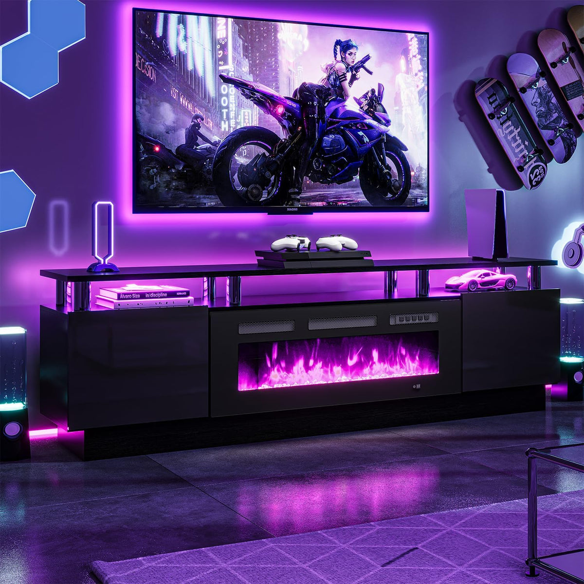 Fireplace TV Stand with 36" Electric Fireplace,LED Light Entertainment Center,2 Tier TV Console Stand for TVs Up to 80",Fireplace for The Living Room TV Stand,Black