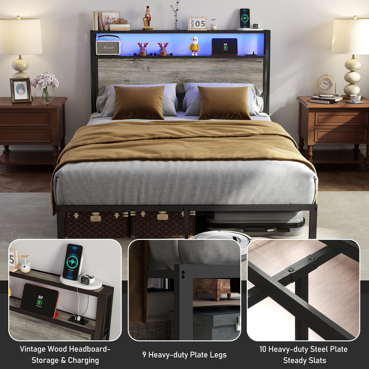 Bed Frame with 2-Tier Storage Headboard, Rustic Grey