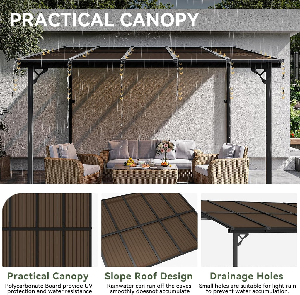 10' x 12' Gazebo, Gazebo Pergola with Sloped Roof, Large Wall-Mounted Heavy Duty Awnings