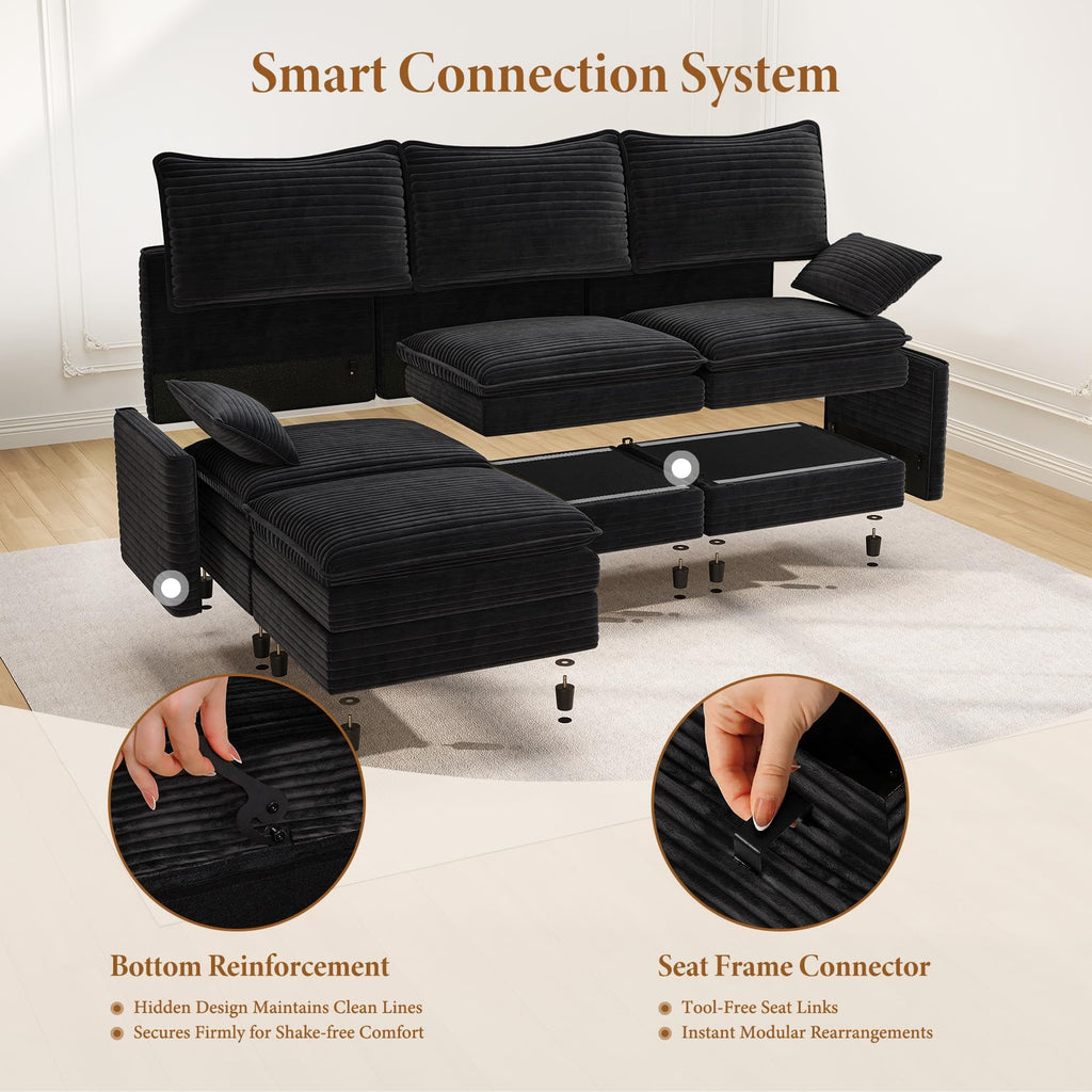 142" Cloud Sleeper Couch Living Room, Sectional Sofabed, Black