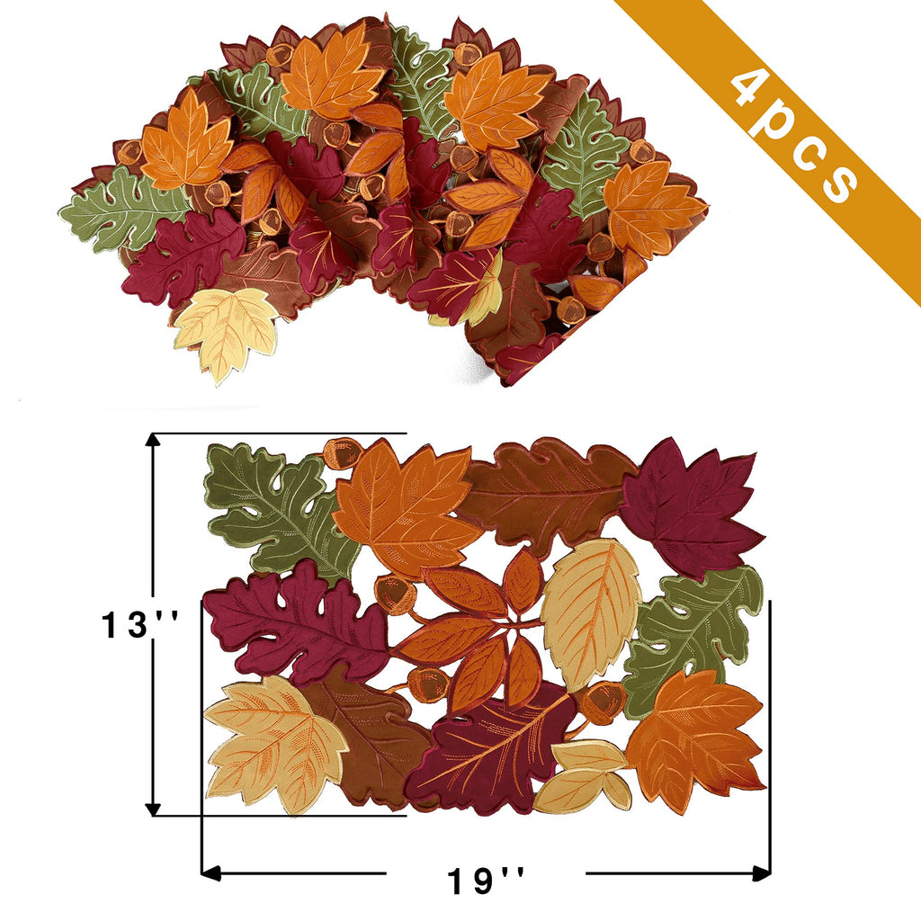 4 PCS Thanksgiving Placemats for Dining Table, 13 x 19 Inch Set of 4 Embroidered Maple Leaves Table mats for Fall