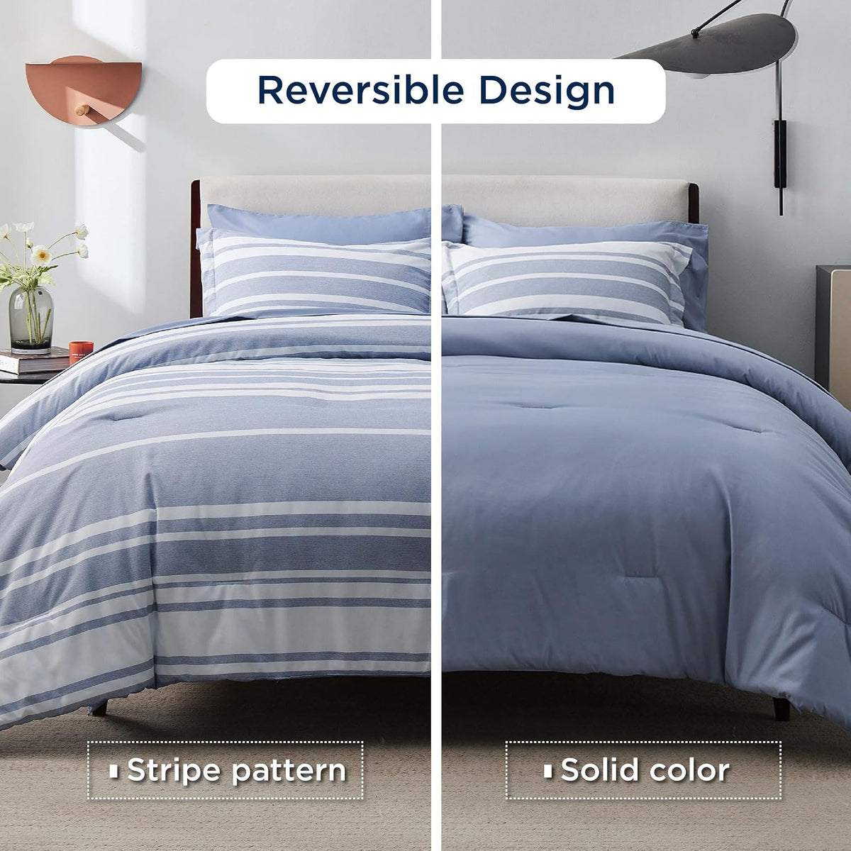 Blue Striped Comforter Set, King Bedding Set, 7 Piece