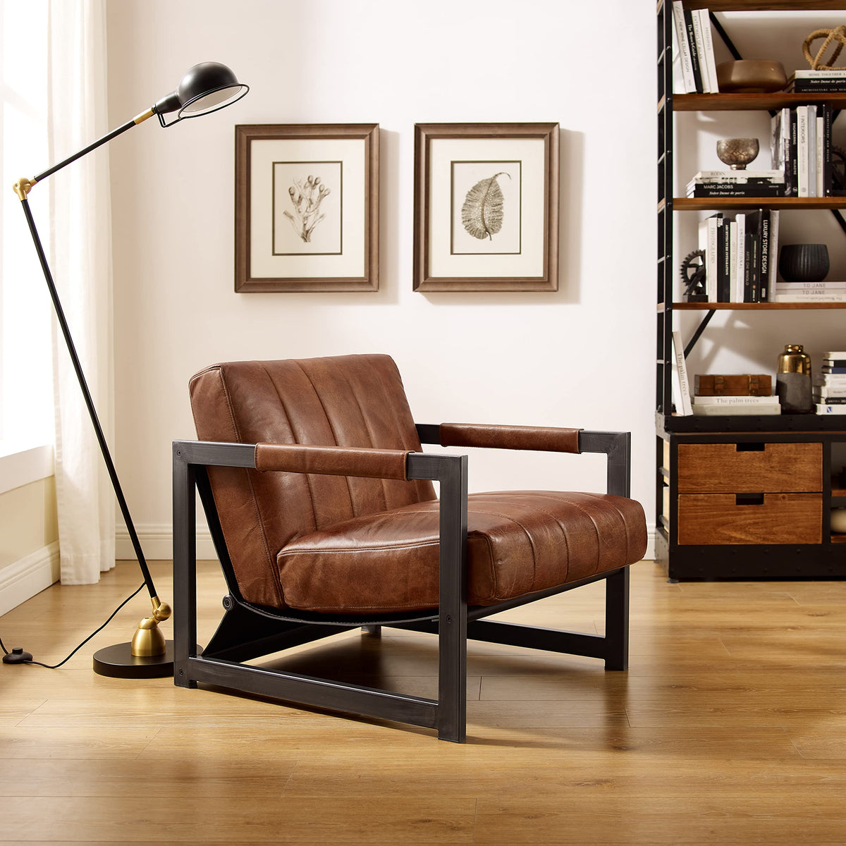 Genuine Leather Accent Chair, Set of 2, Mid Century Modern Arm Chairs, Living Room Sofa Chairs with Black Metal
