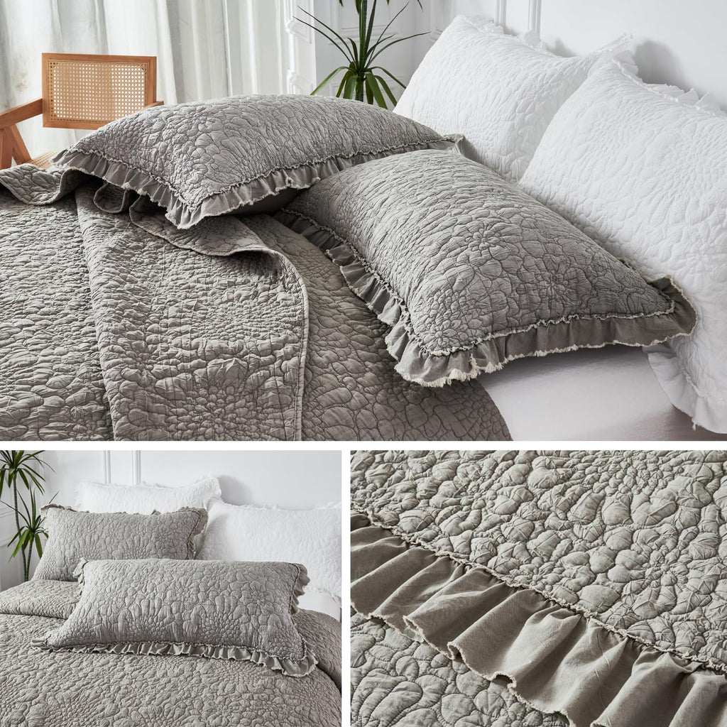 Tan Taupe Crinkled Ruffled Quilt Set 3pcs 80''x90''