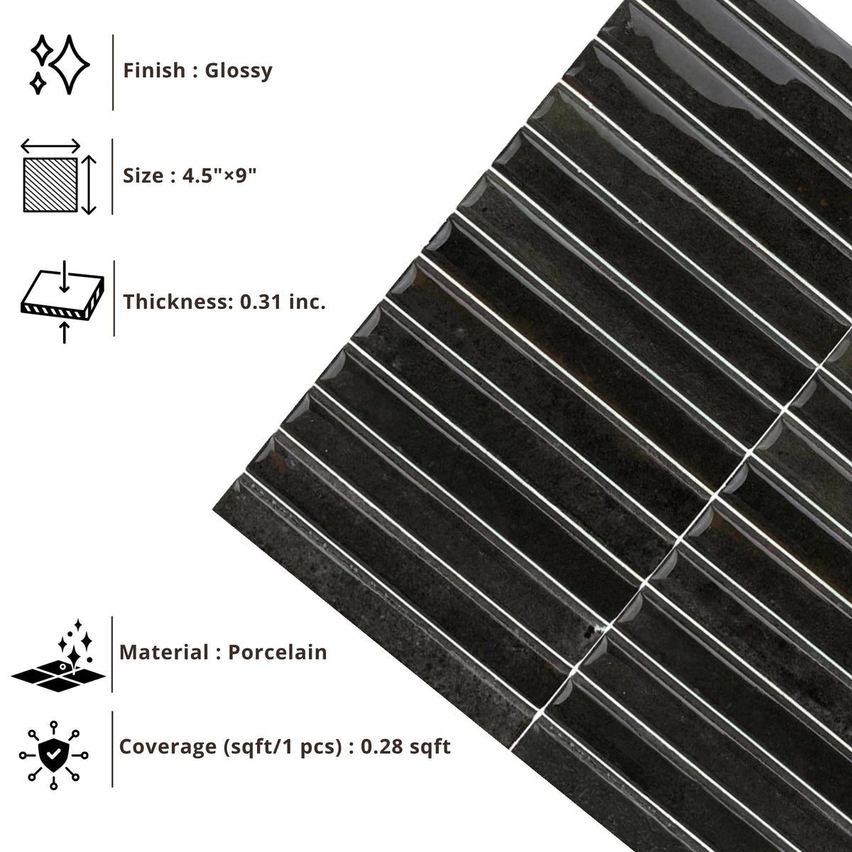 Scandia Glossy Black 4.5x9 Ribbed Porcelain Wall Tile, 3D KitKat Fluted Decorative Tile Backsplash, Bathroom, Shower