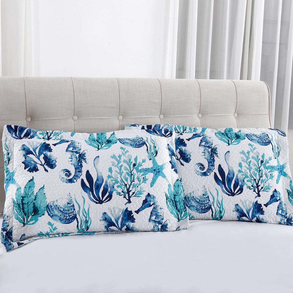 3 Pcs Summer Coastal Quilts Conch Seashell Coverlet Set Lightweight Beach Bedspreads Reversible Ocean