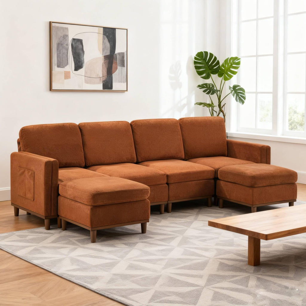 Modular Sectional Sofa with Storage Pockets, Soft Boucle Fabric, Solid Wood Frame, Customizable Configuration (U