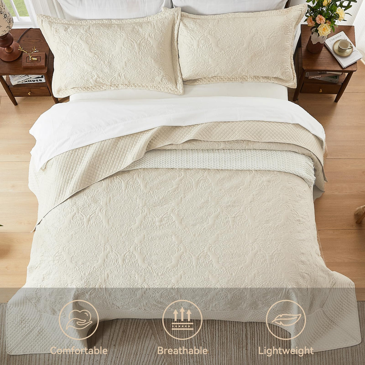 Bedspread 138x122, Quilt with Damask Pattern, Beige Coverlet with Pillowcase