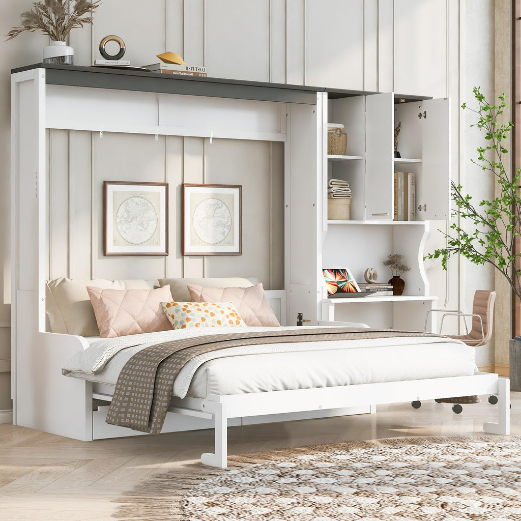 Queen Murphy Bed with Sofa & Desk White