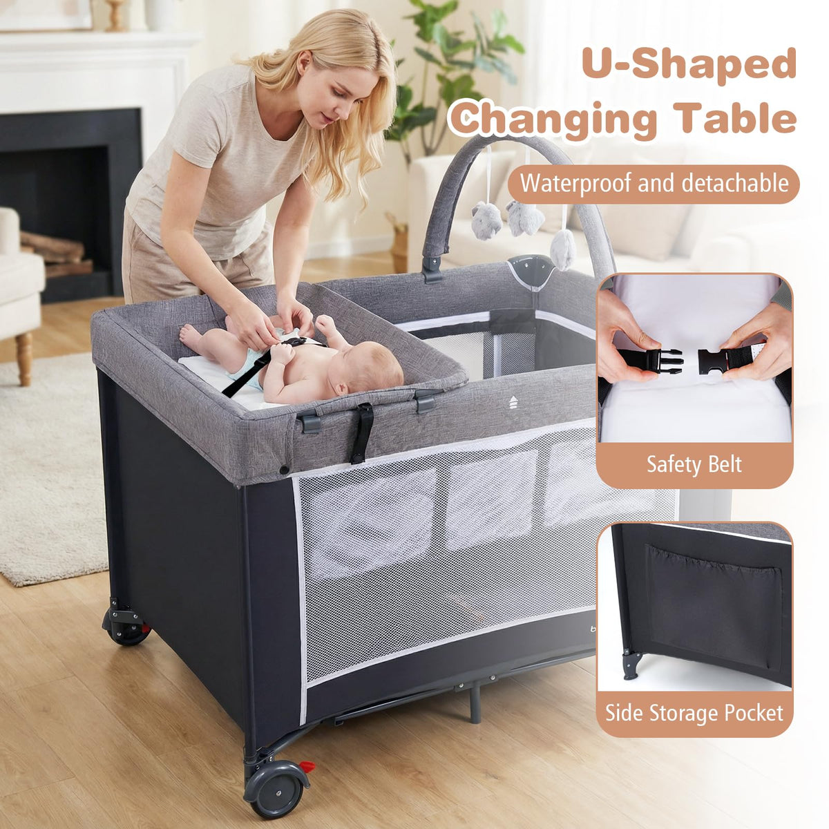 3 in 1 Play Yard, Travel Crib Bassinet Bed for Baby, Changing Table w/Safety Belt, Hanging Bar, Lockable