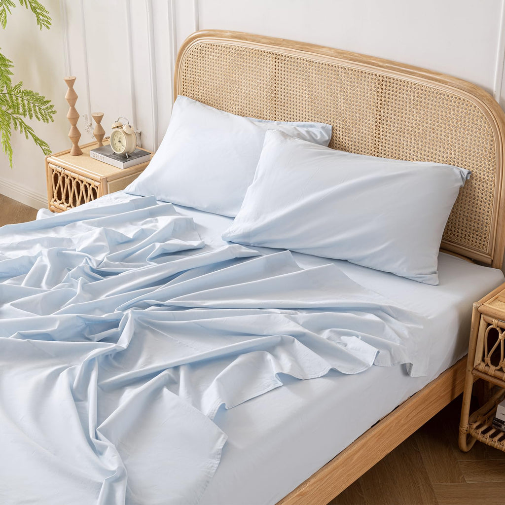 Light Blue 100% Washed Cotton Linen Feel Sheet Set