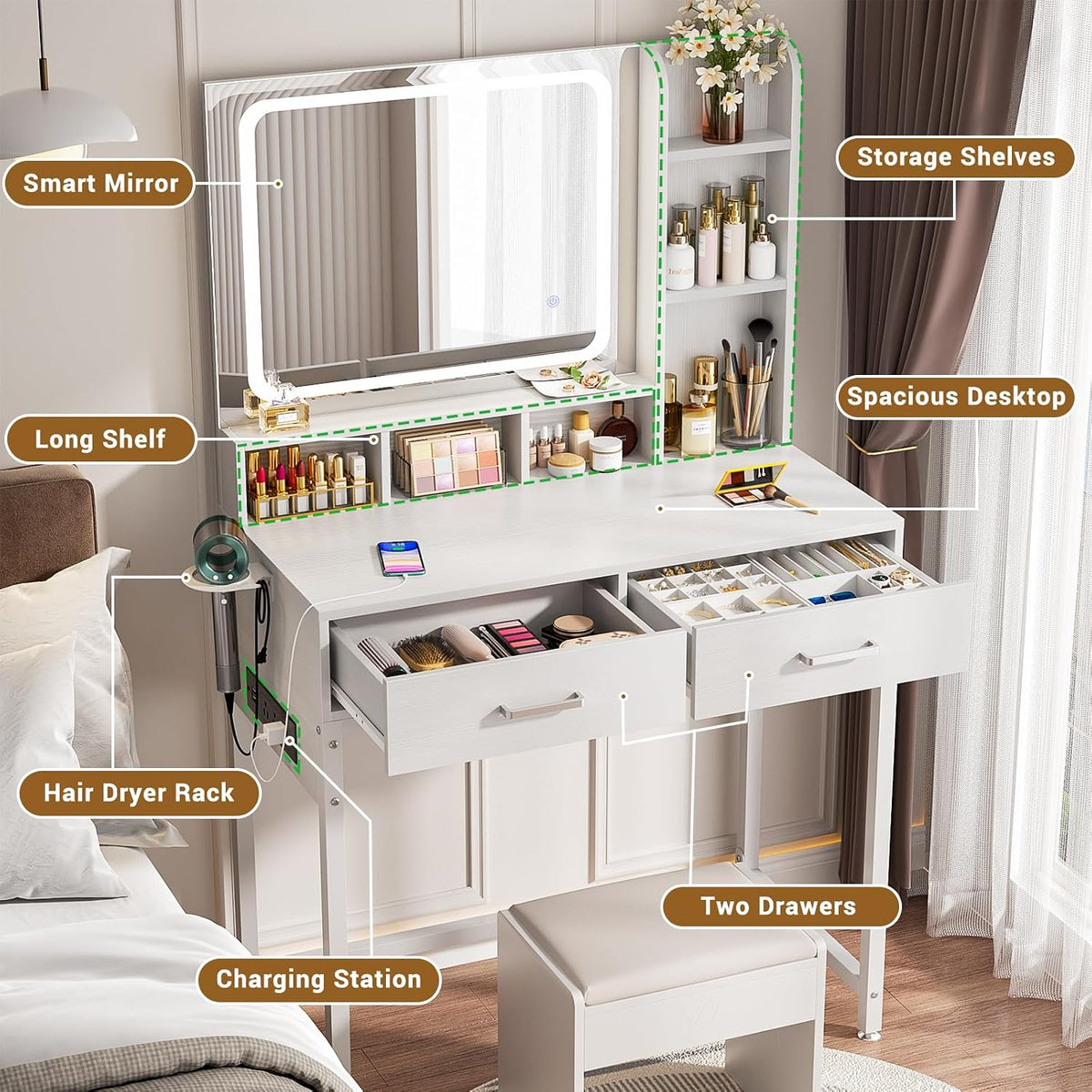 Small Vanity Desk, Vanity Desk with Mirror and Lights, Makeup Vanity Desks with Power Strip, Vanity Table with