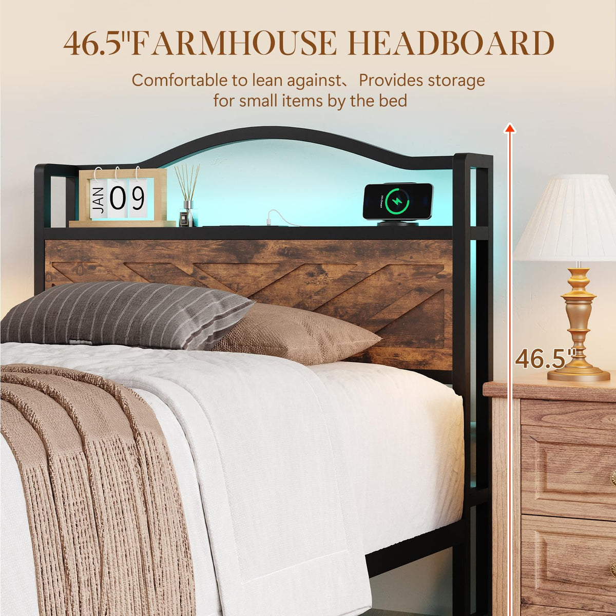 Bed Frame, Farmhouse Storage Headboard, LED Lights, Brown