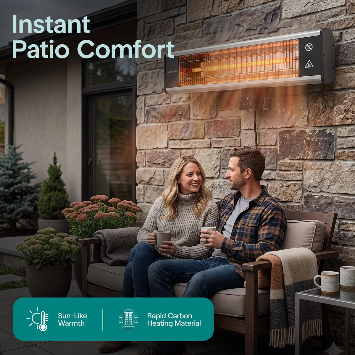 Infrared Patio Heater, Wall-Mounted Electric Heater with Remote Control, 1500W, IP65 Approved, Odorless
