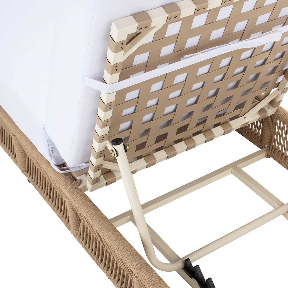 Outdoor Chaise Lounge Chair - Tan & White - Steel and Woven Rope - Adjustable 5-Position Backrest - Ideal