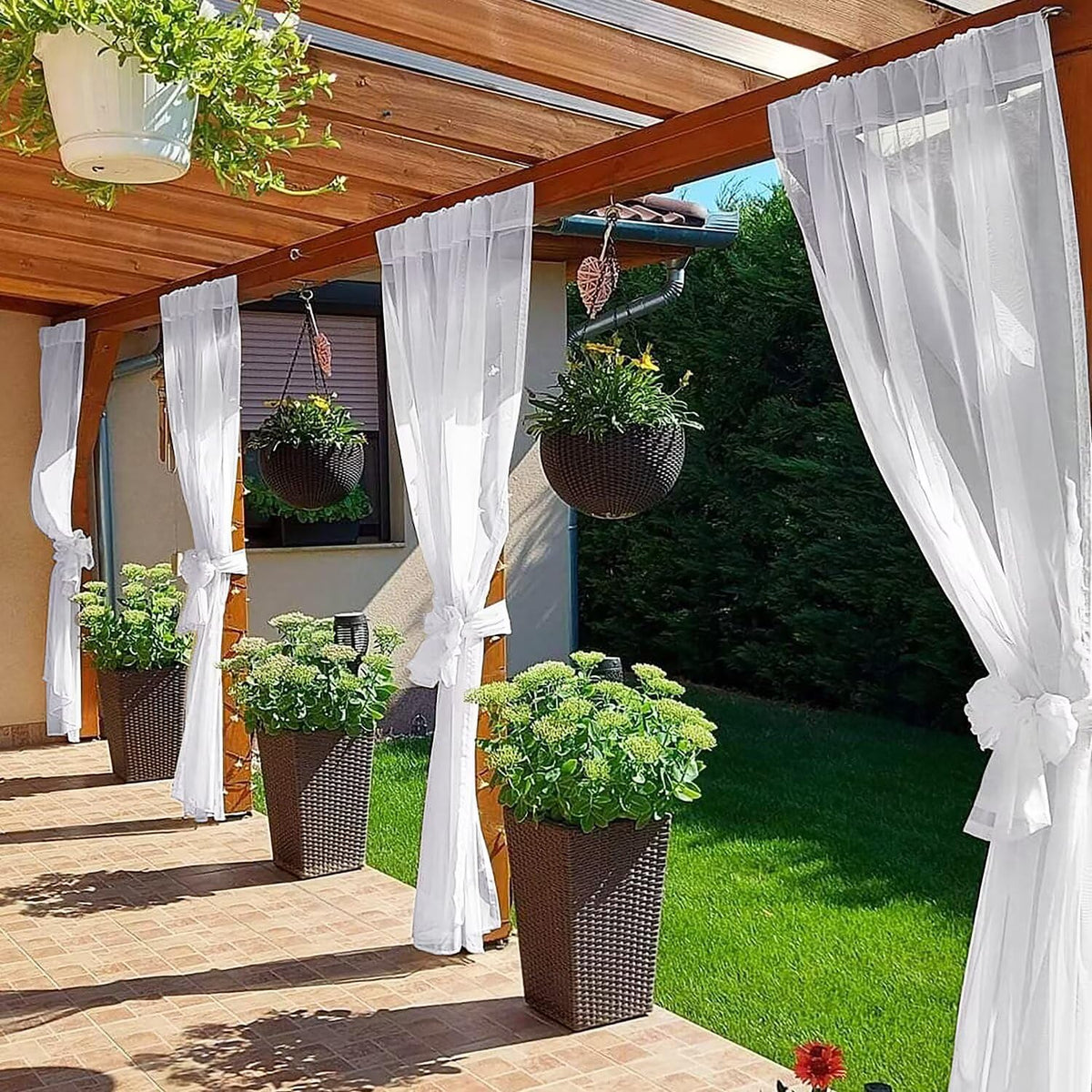 Waterproof Outdoor Sheer Curtains - 4 Panels Rod Pocket Indoor Voile Sheer Curtain, 52W x 108L inch, White