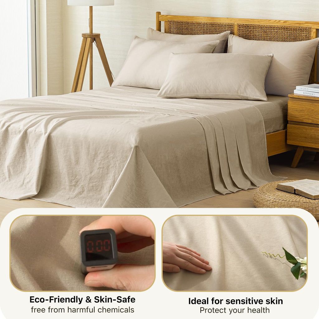100% Linen Sheets 4 Piece - Washed Natural Flax Bedding Set, Ultra Breathable Soft Durable Flat Sheet