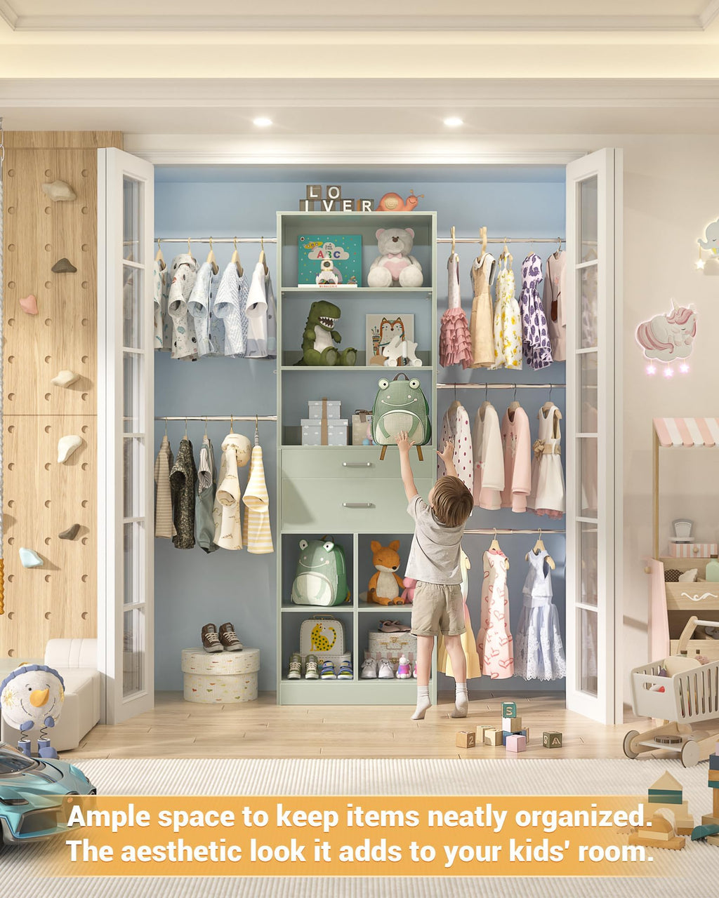 Small Closet System, 3.2-6.8FT Small Closet Organizer with 2 Wooden Drawers & 5 Hanging Rods, Can Fit 37.5 to 81.9