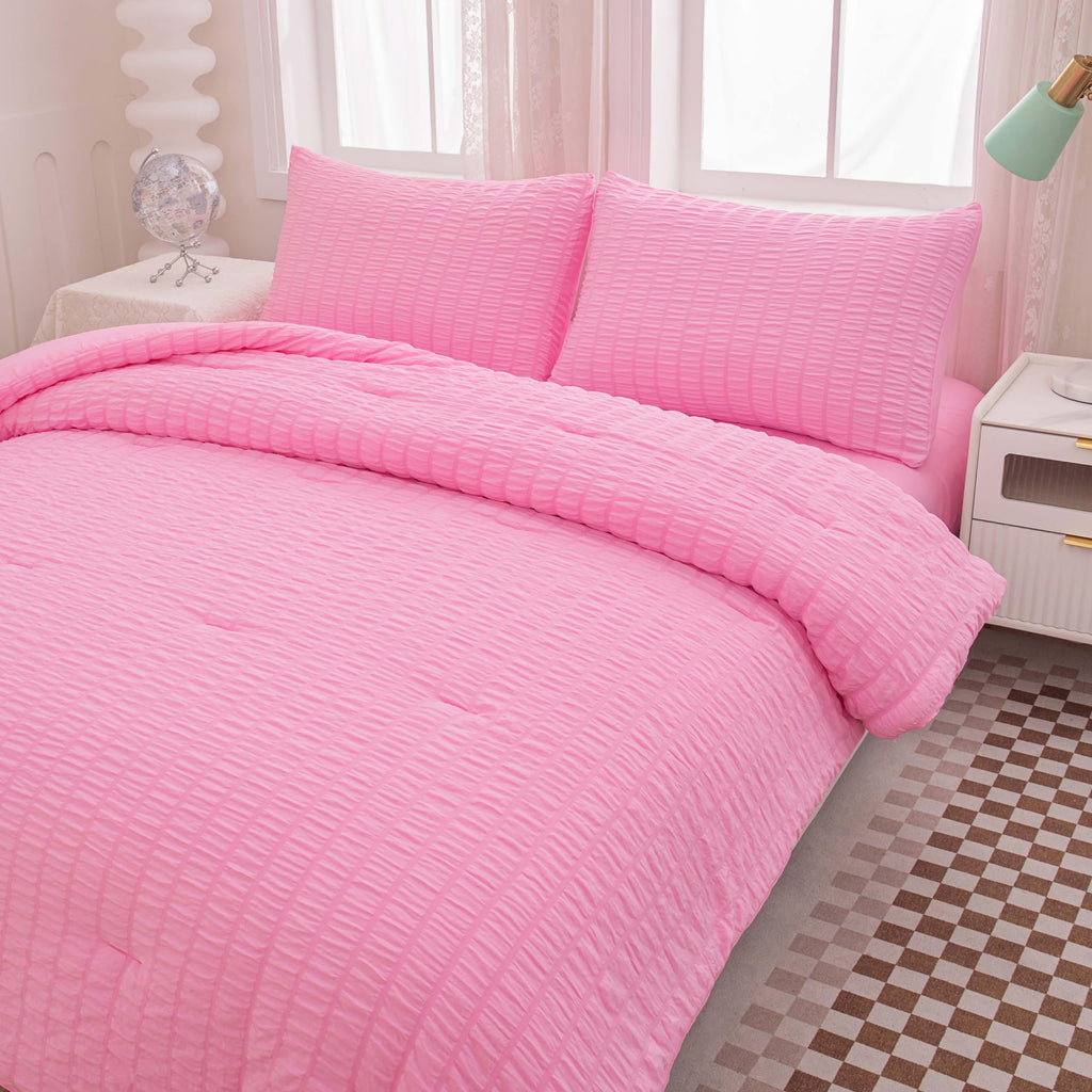 Bed in a Bag Pink Seersucker Comforter Set 5-Pieces Microfiber Lightweight Comforter All Season Bedding Sets