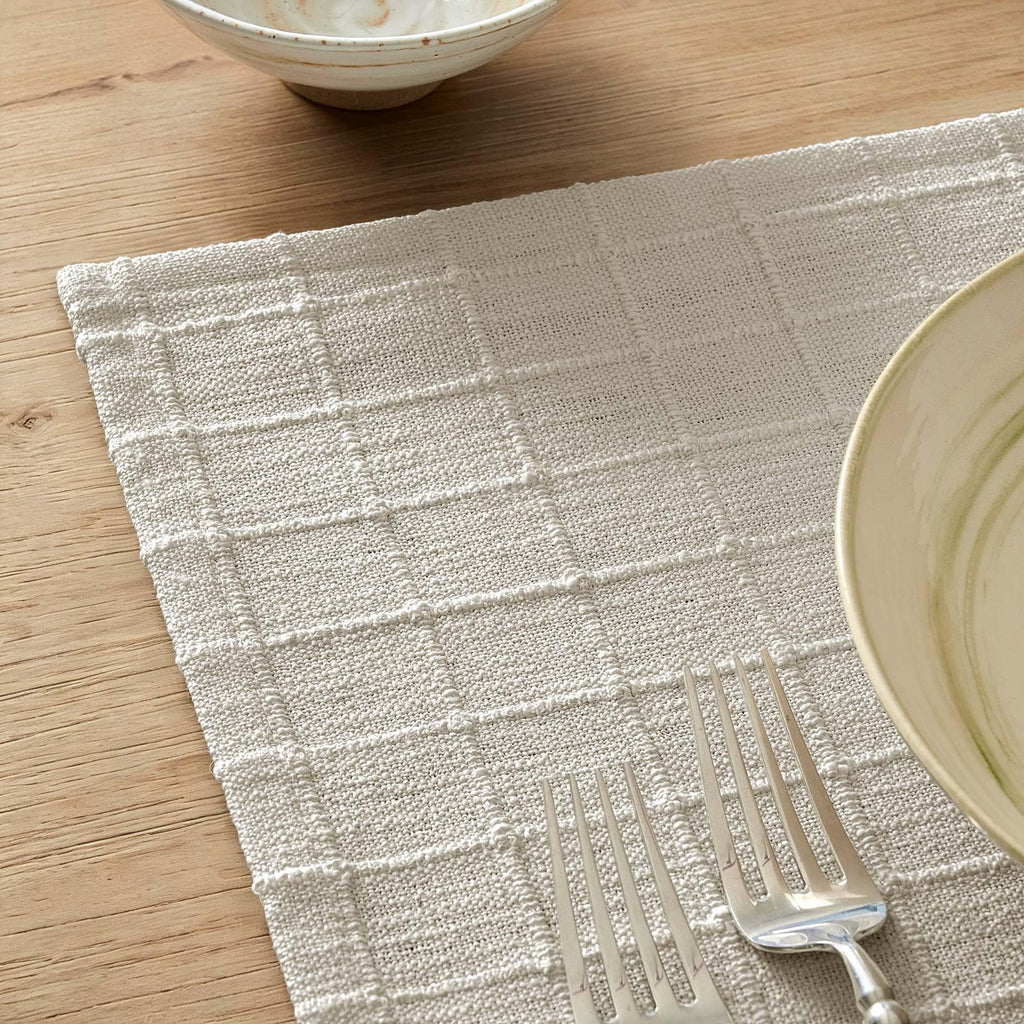 Artisanal Grid Decorative Linen Placemats Set of 6, Ivory