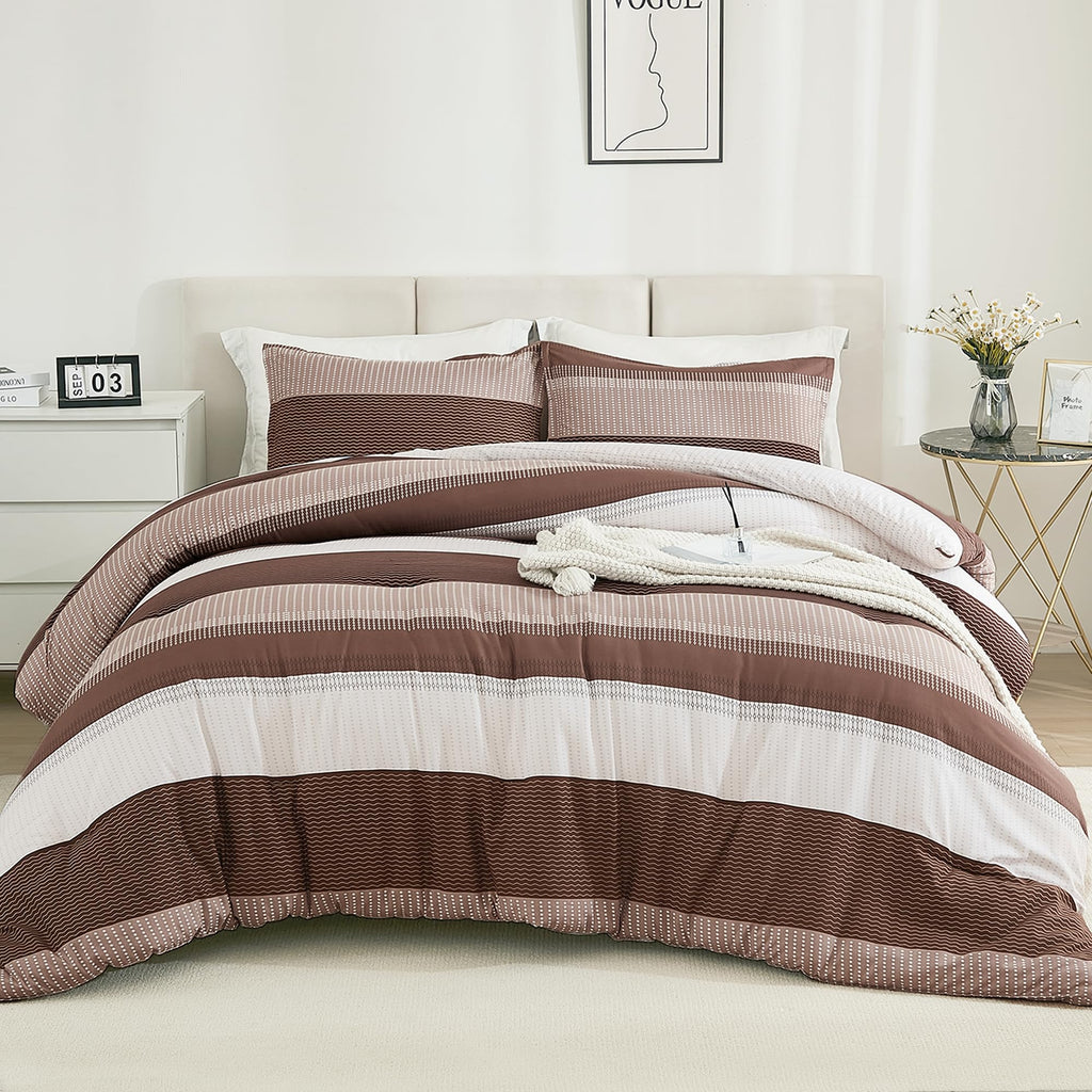 Brown Comforter Set - 3 Pieces Stripe Bed Set