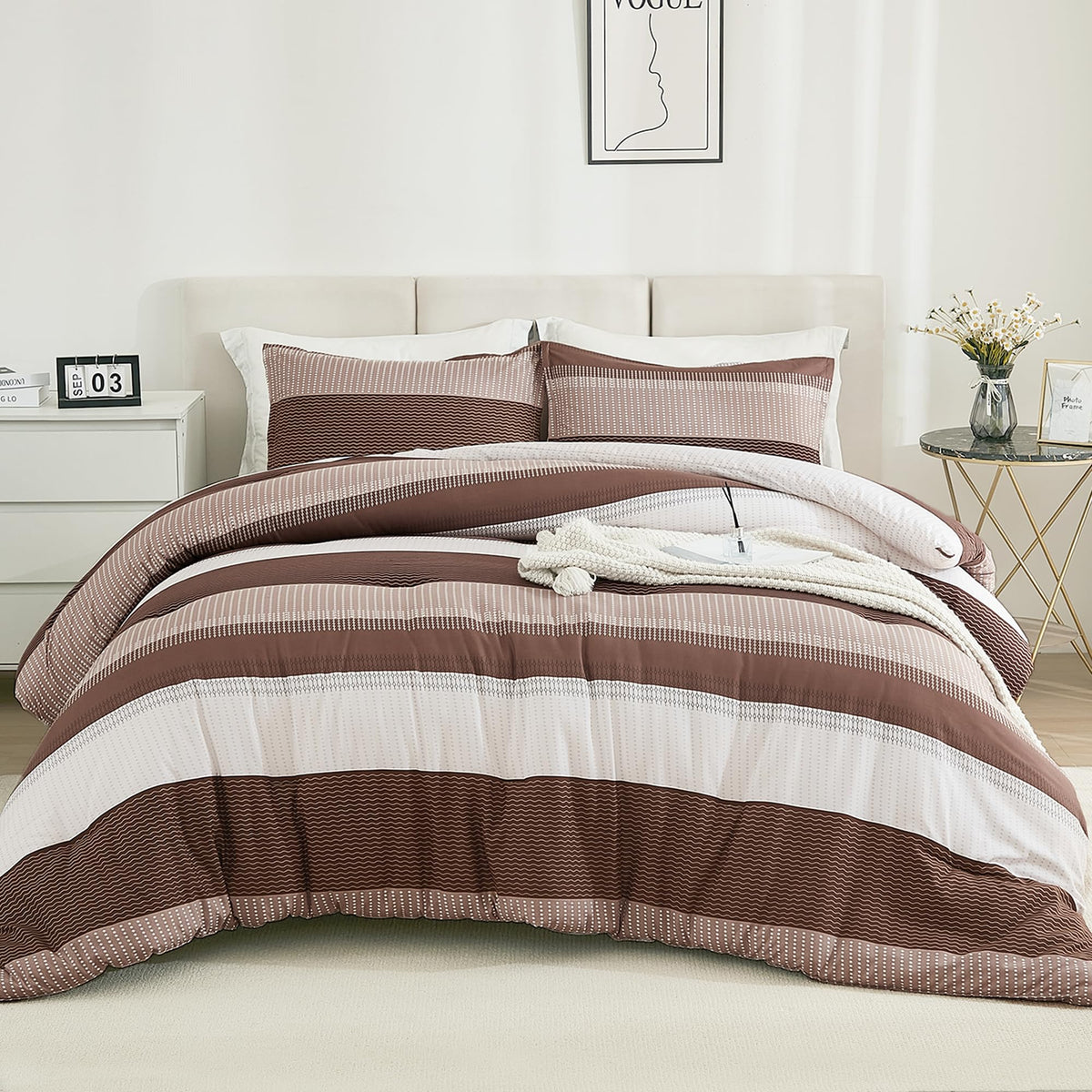 Brown Comforter Set - 3 Pieces Stripe Bed Set