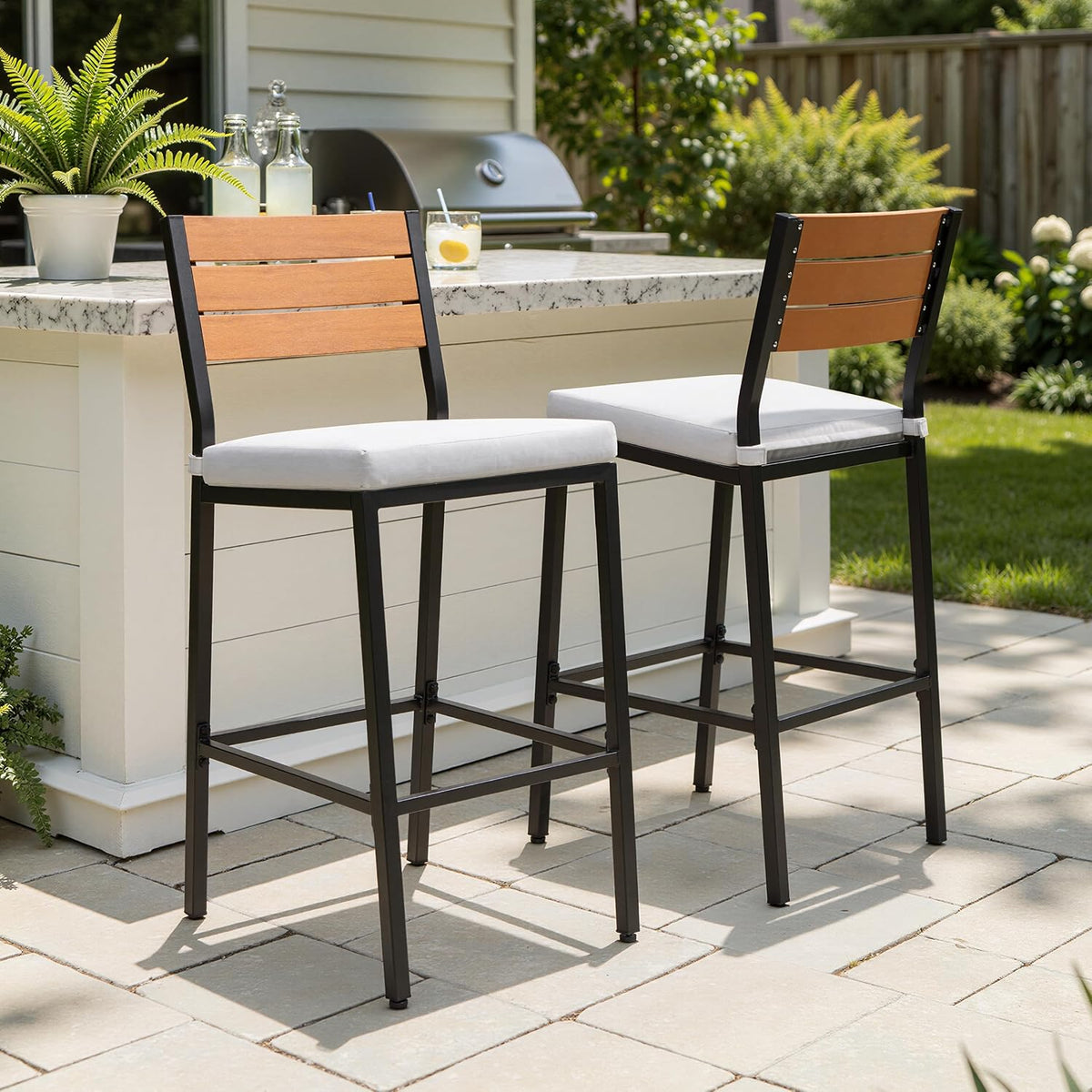 Outdoor Bar Stools Set of 4, Patio Counter Height Barstools with Cushions, Tall Chairs with Back and Footrest, Lawn