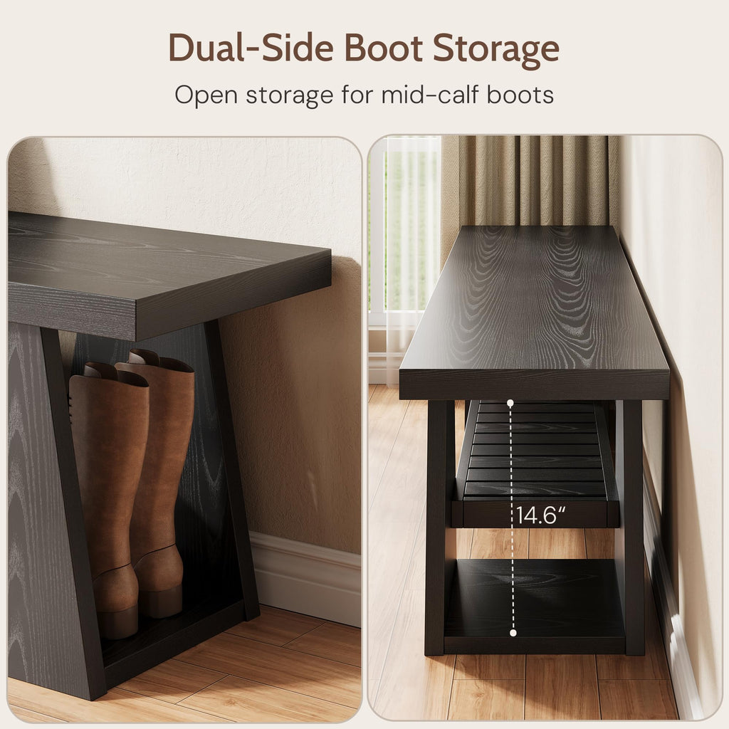 63'' Long Entryway Bench, Black Rustic Farmhouse Wooden Entry Way Bench Seat Indoor with Shoe Storage Shelf, 3-Tier