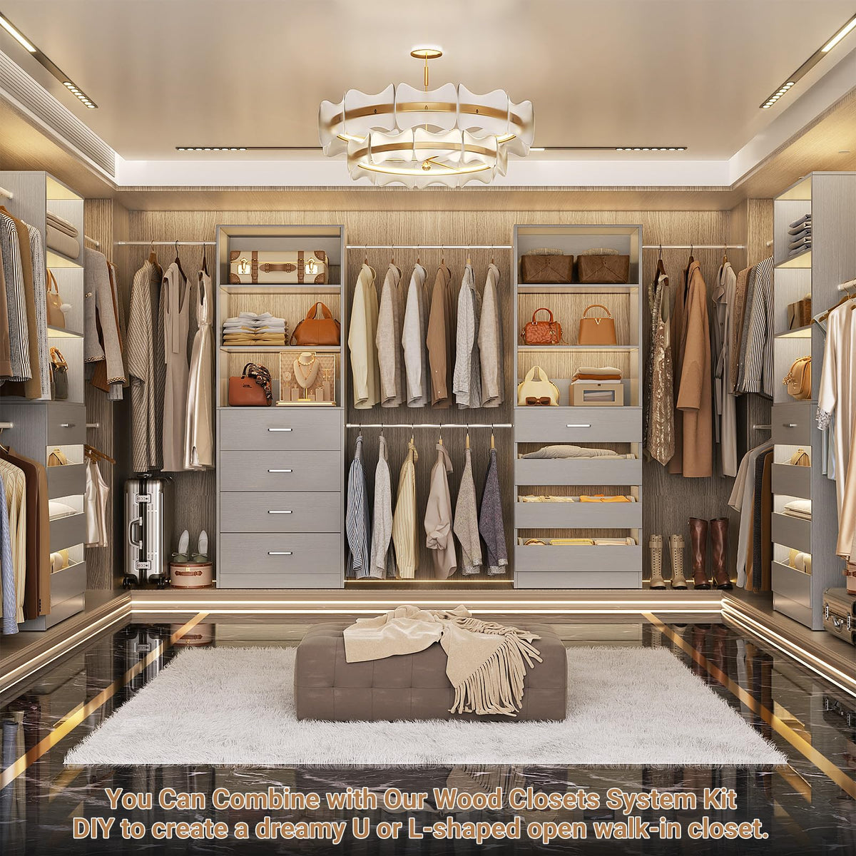 Closet System, 6-15Ft Closet Organizer with 8 Wooden Drawers