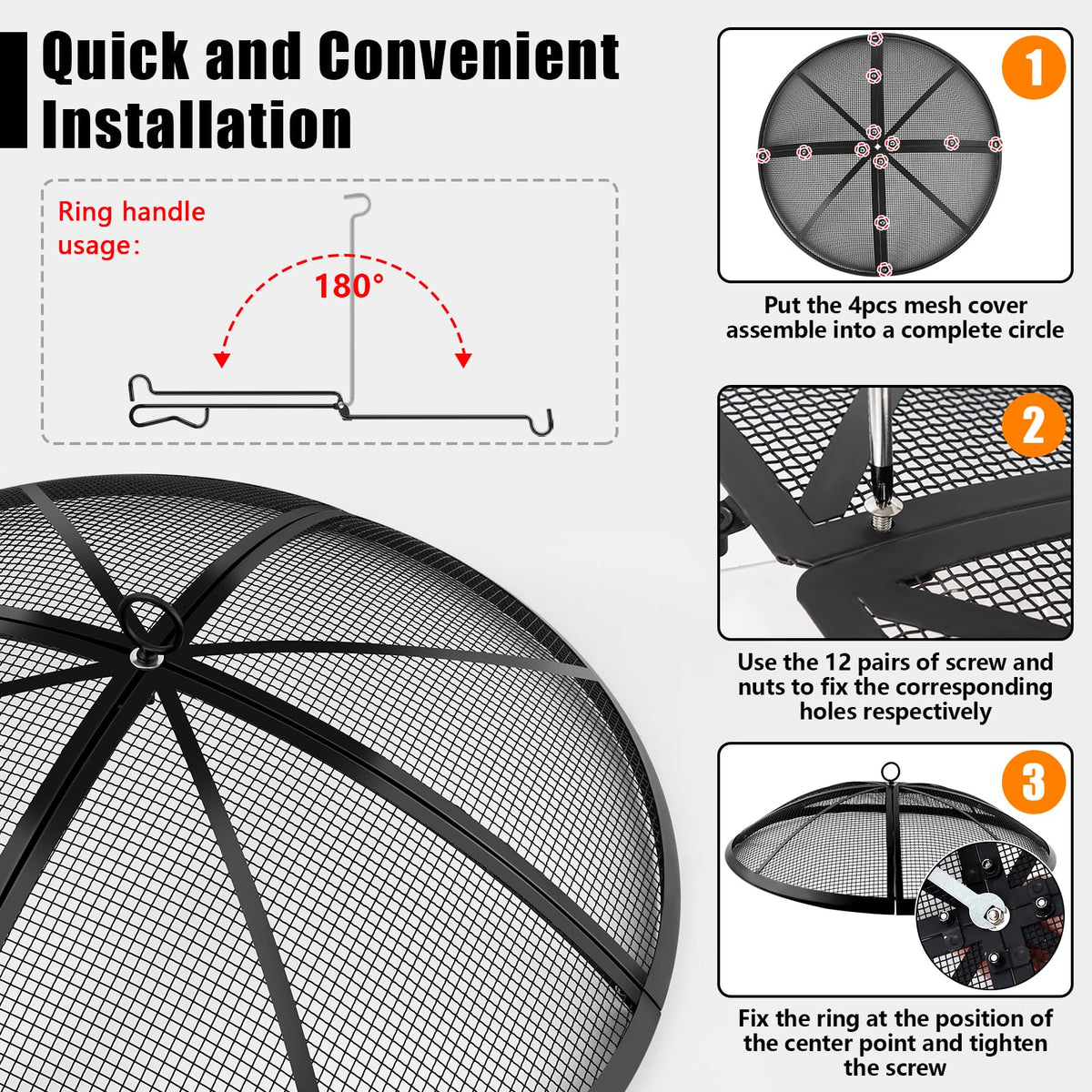 Fire Pit Spark Screen, Fire Pit Screen 24 Inch Round with Handle & Poker