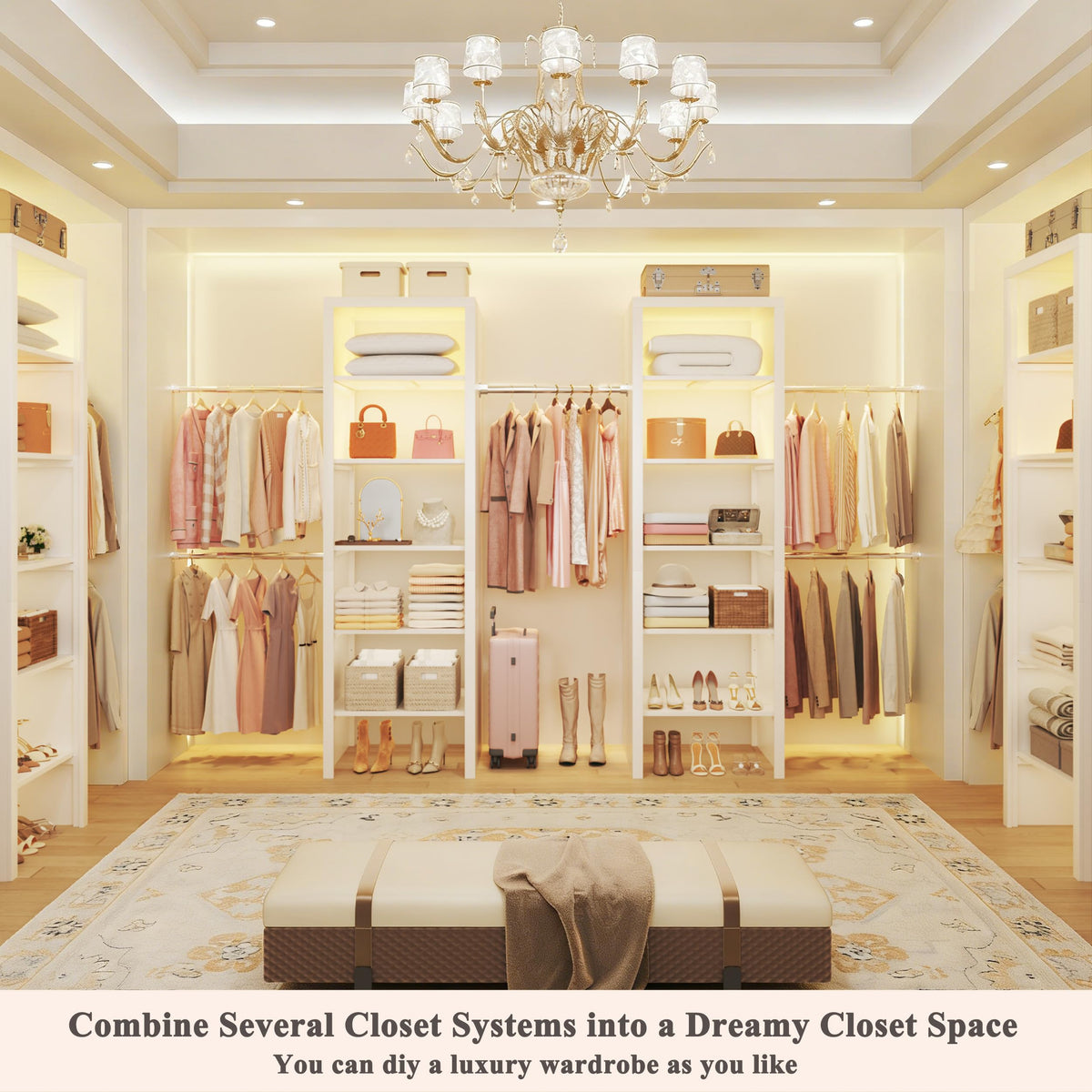 100'' Closet System with 4 Hanging Rods & LED Lights, 2-8 FT Wood Closet Organizer Systems with 5 Shelves, 6 Height