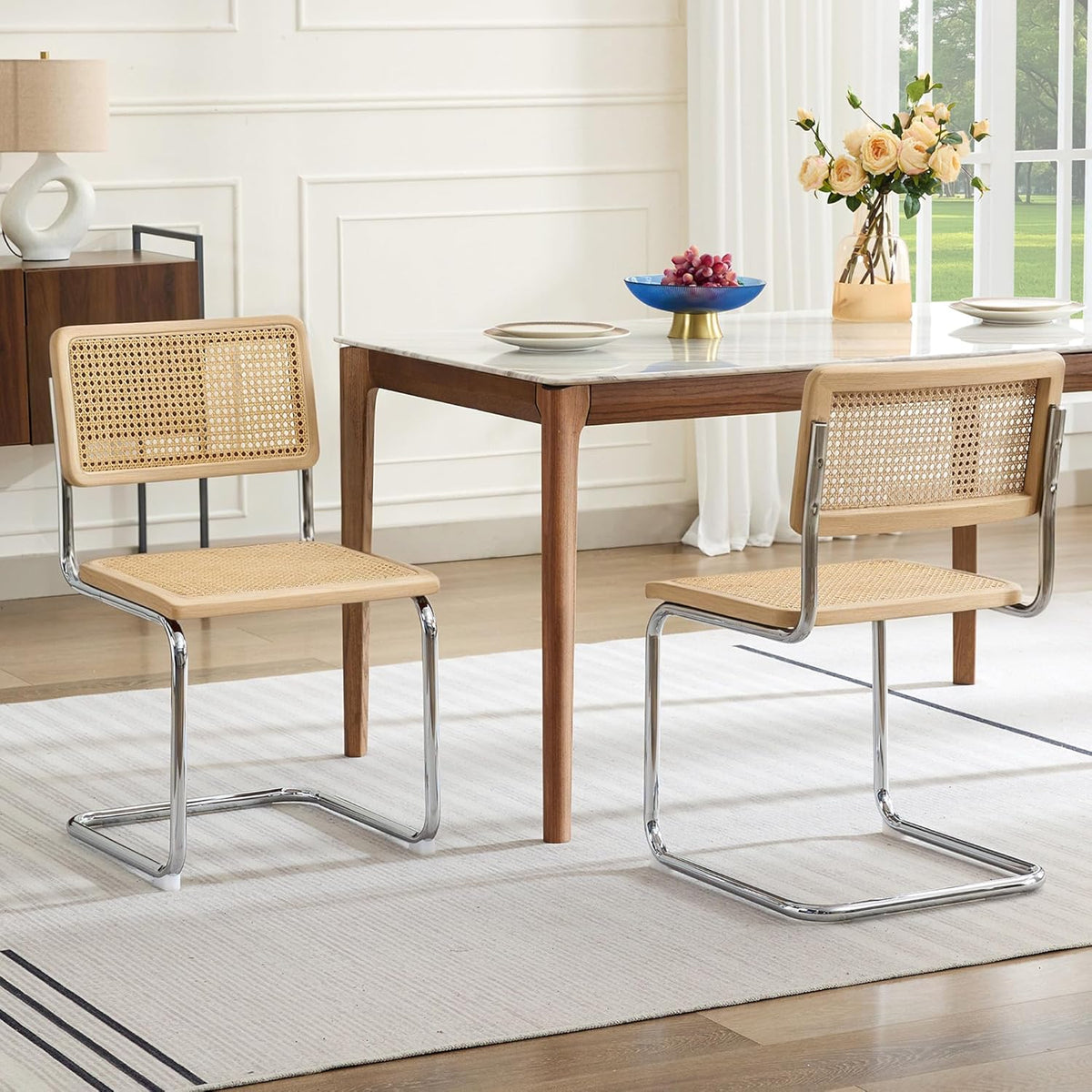 Rattan Cantilever Dining Chairs Set of 2, Boho Modern Dining Chairs with Rattan Back and Curved Steel Base for Kitchen or Living Room, Natural