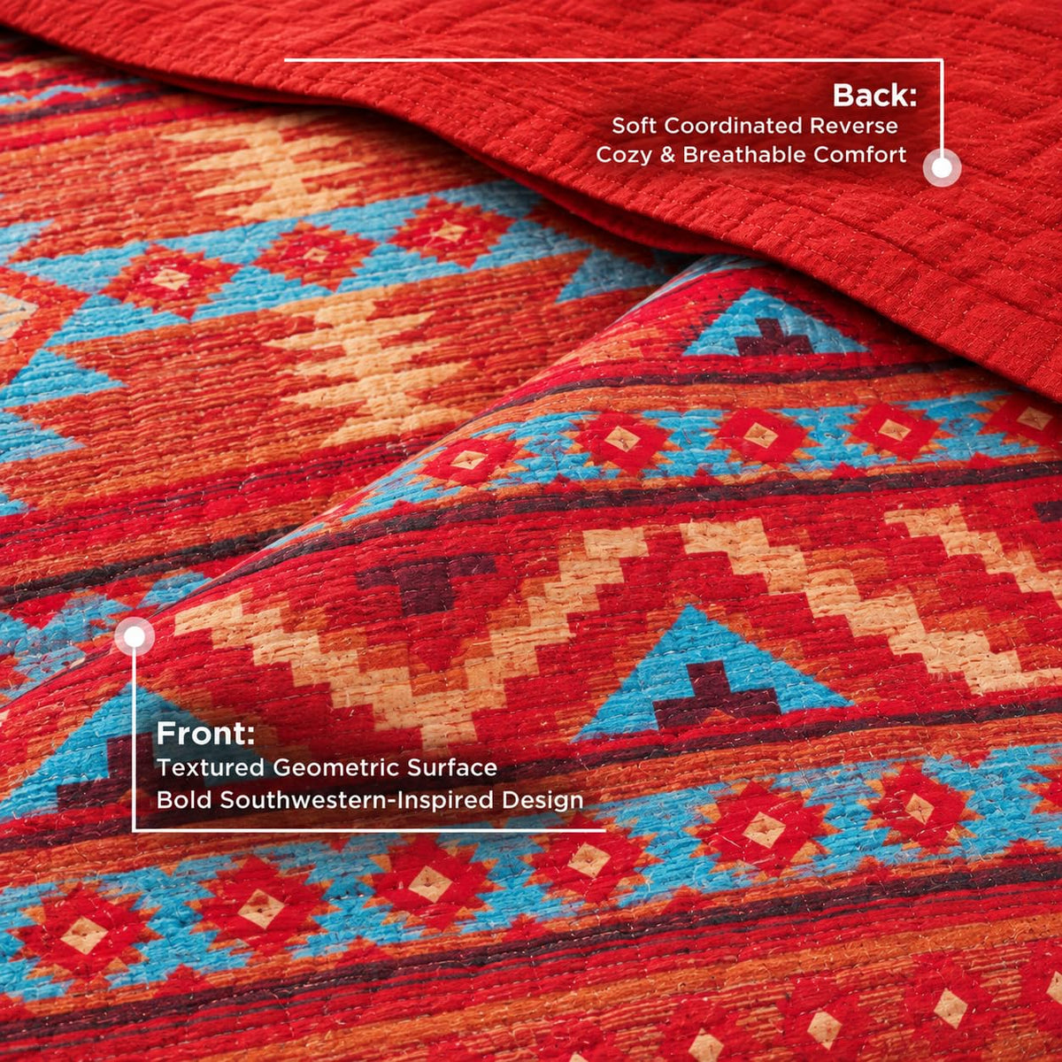 Rustic Western Southwestern Native American Indian Tribal Navajo Quilted Bedspread Set in Turquoise Red Burgundy